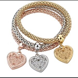 Fashion 3pc/set Rhinestone Charm Bangle Bracelets 3 Tone Gold Rose Silver